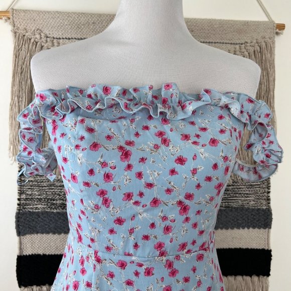 REVOLVE Superdown Cruz Off Shoulder Blue Floral Mini Dress Size Medium - Picture 8 of 12